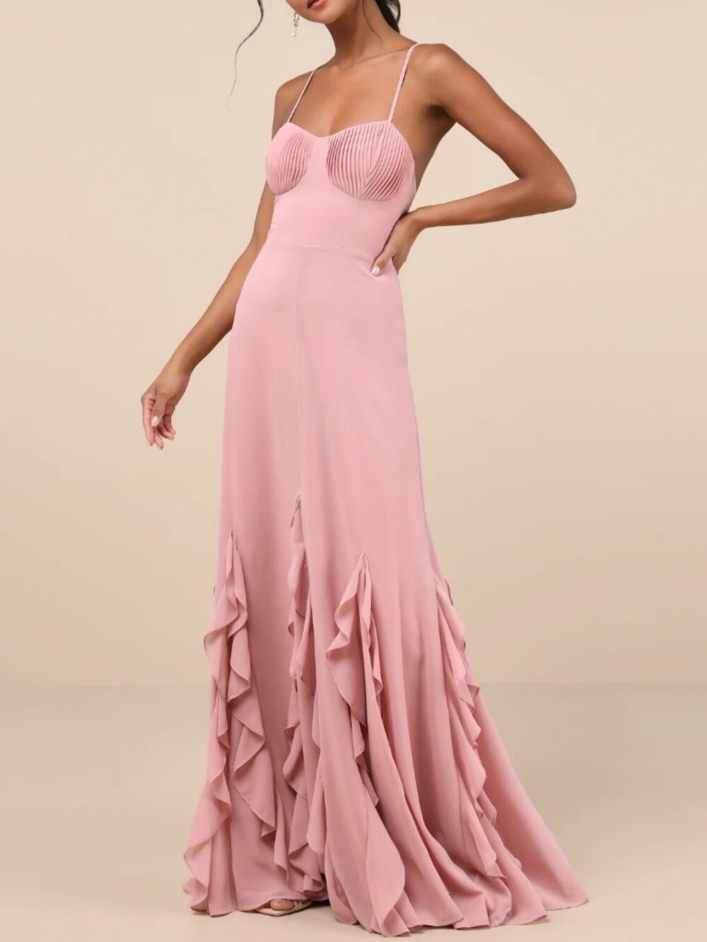 Lulus Priela Pink Ruffled Lace-Up Maxi Dress Size Large